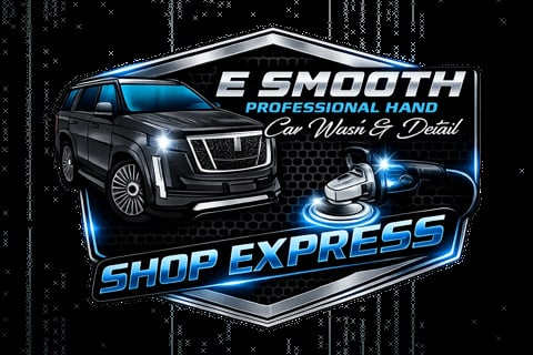 E Smooth Shop Express logo featuring a black SUV and detailing supplies with blue accents and professional car wash and detail text