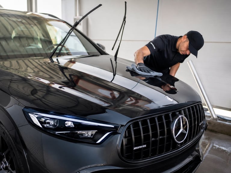 Technician inspecting the hood and windshield of a silver Mercedes-AMG vehicle in a service facility