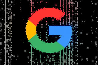 Google logo with colorful letters on a dark digital background with binary code and cascading data