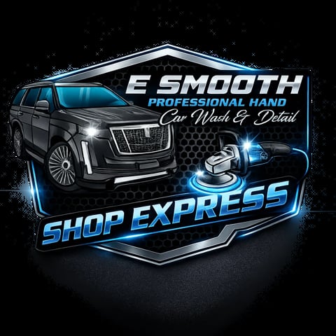 E Smooth Professional Hand Car Wash and Detail Shop Express logo with black SUV and polishing equipment on dark background